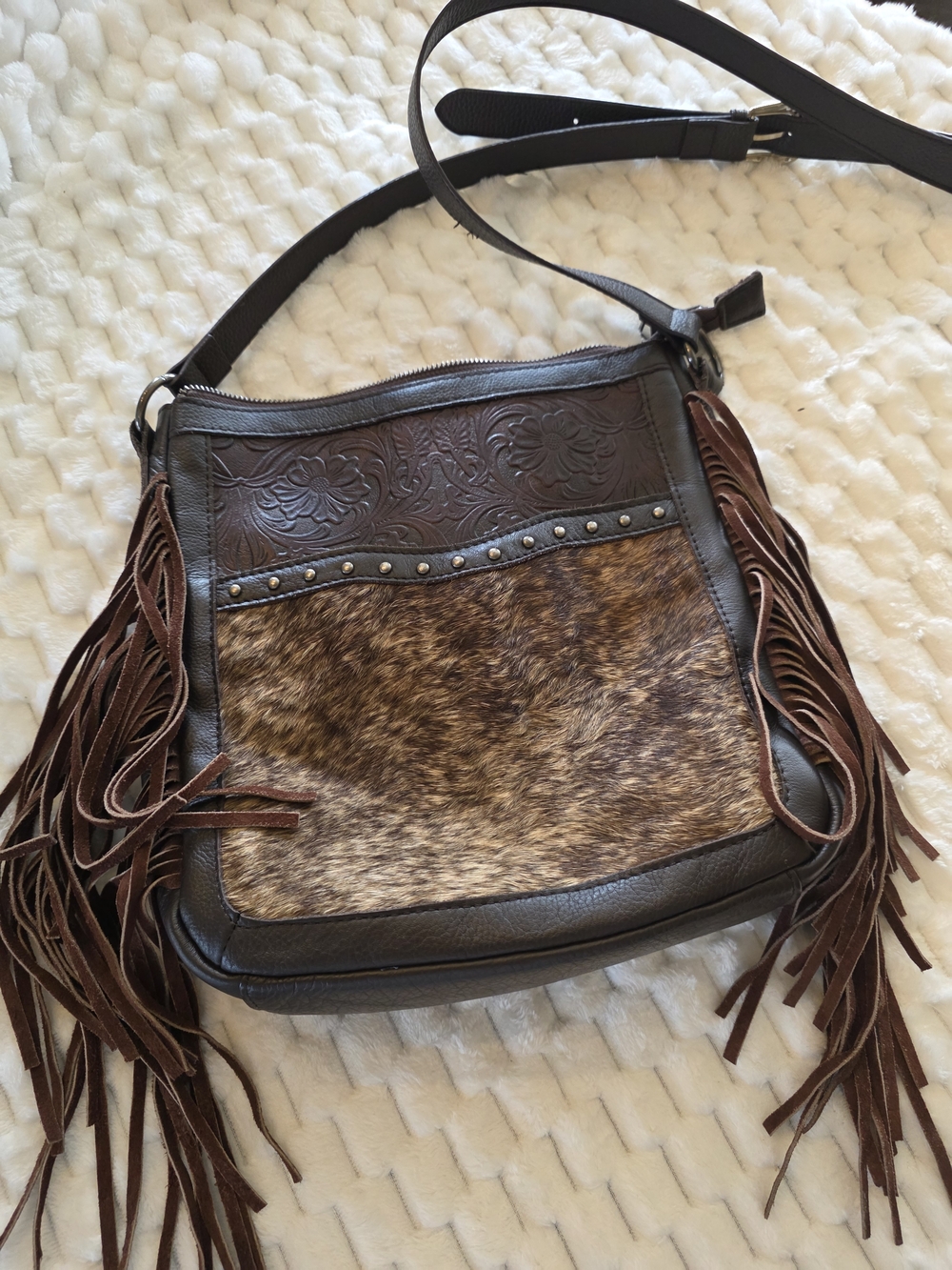 Brown Leather Fringe Crossbody Bag with Haircalf Front